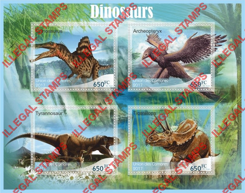 Comoro Islands 2017 Dinosaurs Counterfeit Illegal Stamp Souvenir Sheet of 4