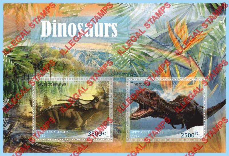 Comoro Islands 2017 Dinosaurs Counterfeit Illegal Stamp Souvenir Sheet of 2