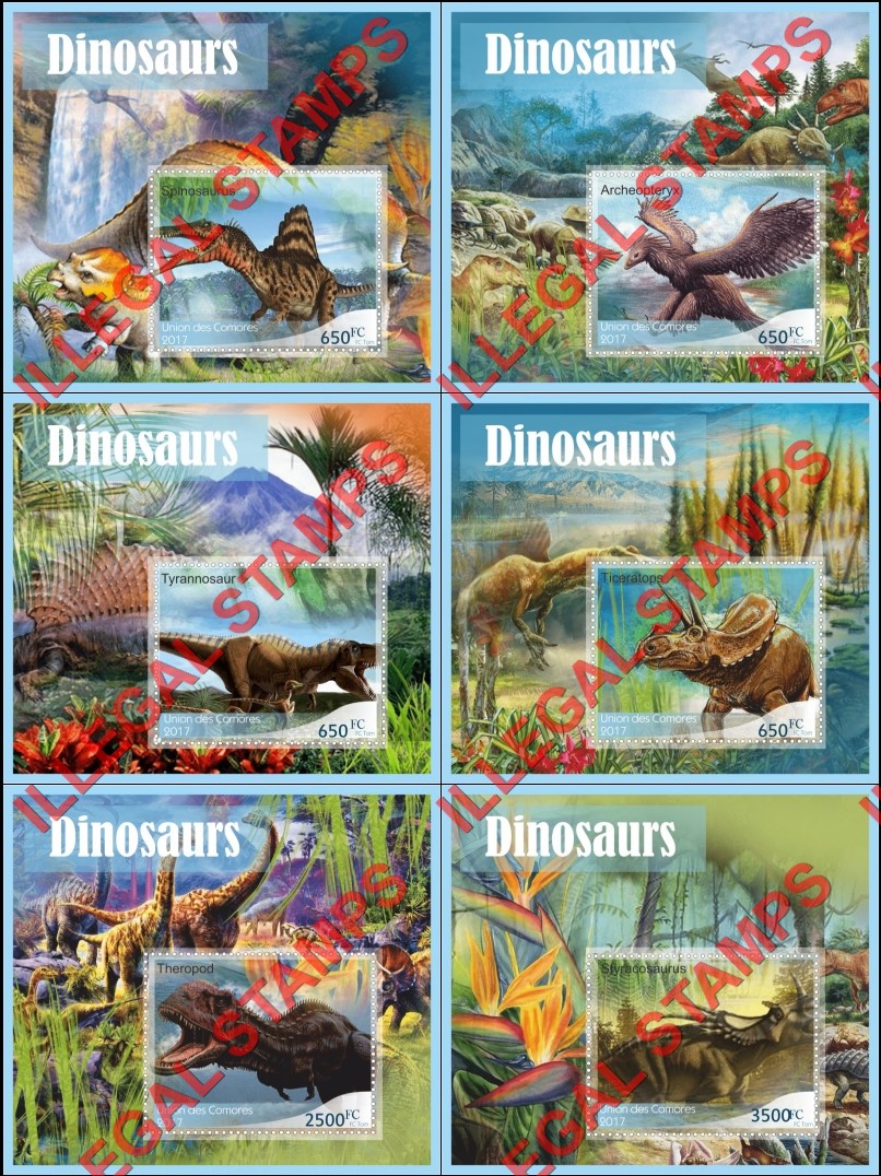 Comoro Islands 2017 Dinosaurs Counterfeit Illegal Stamp Souvenir Sheets of 1