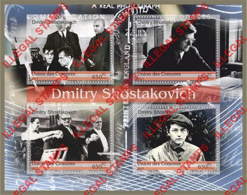 Comoro Islands 2017 Dmitry Shostakovich Composer Counterfeit Illegal Stamp Souvenir Sheet of 4