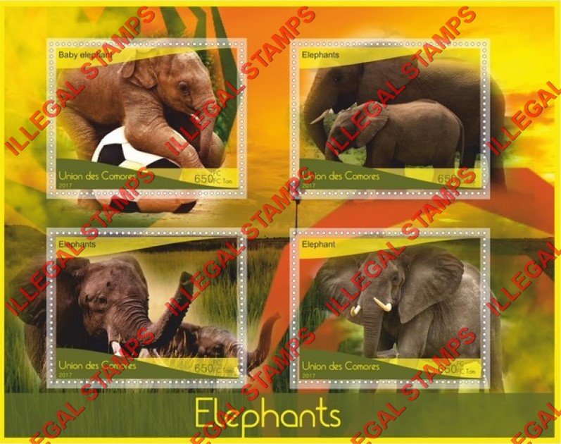 Comoro Islands 2017 Elephants Counterfeit Illegal Stamp Souvenir Sheet of 4