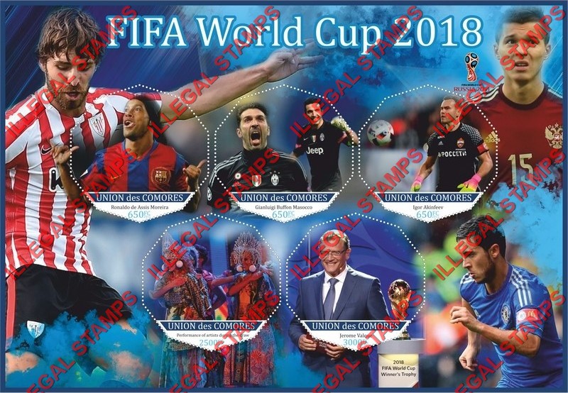 Comoro Islands 2017 FIFA World Cup Soccer in Russia in 2018 Counterfeit Illegal Stamp Souvenir Sheet of 5