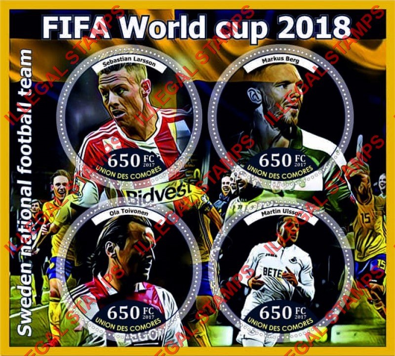Comoro Islands 2017 FIFA World Cup Soccer in Russia in 2018 Sweden Team Counterfeit Illegal Stamp Souvenir Sheet of 4