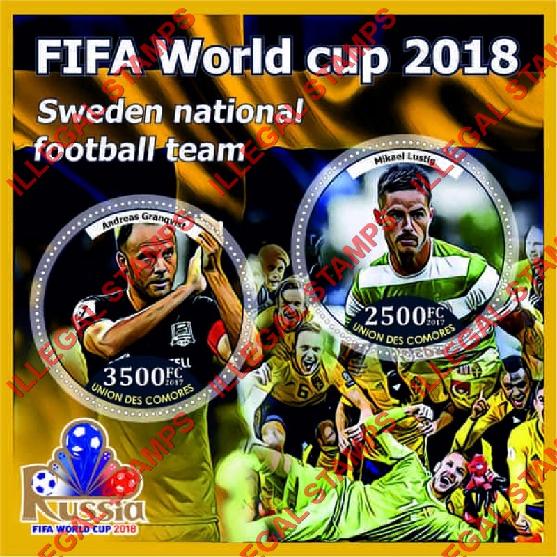 Comoro Islands 2017 FIFA World Cup Soccer in Russia in 2018 Sweden Team Counterfeit Illegal Stamp Souvenir Sheet of 2
