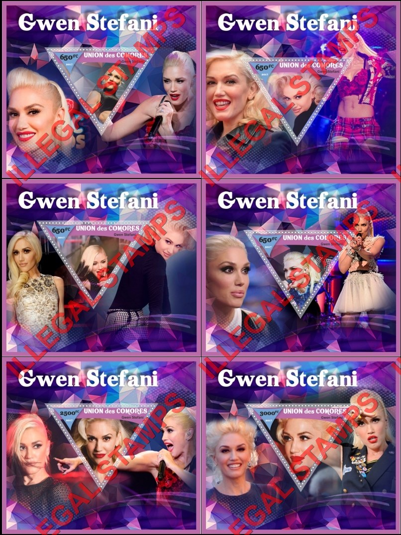 Comoro Islands 2017 Gwen Stefani Singer Counterfeit Illegal Stamp Souvenir Sheets of 1