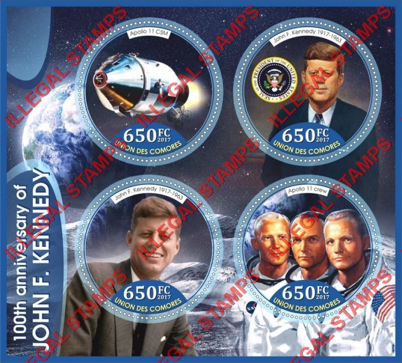 Comoro Islands 2017 John F. Kennedy and Apollo 11 Counterfeit Illegal Stamp Souvenir Sheet of 4