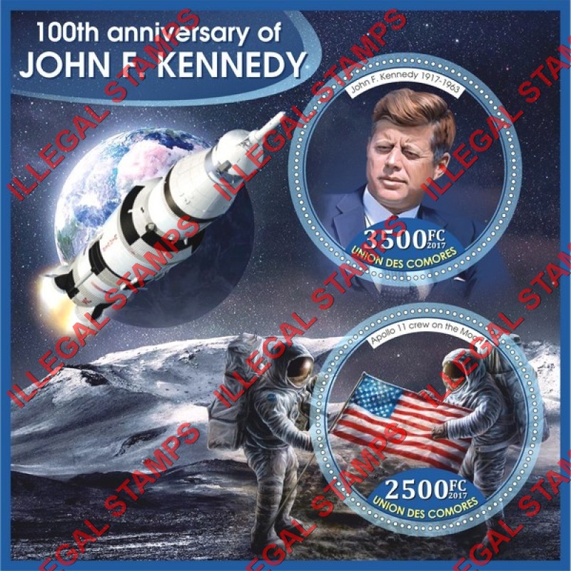 Comoro Islands 2017 John F. Kennedy and Apollo 11 Counterfeit Illegal Stamp Souvenir Sheet of 2