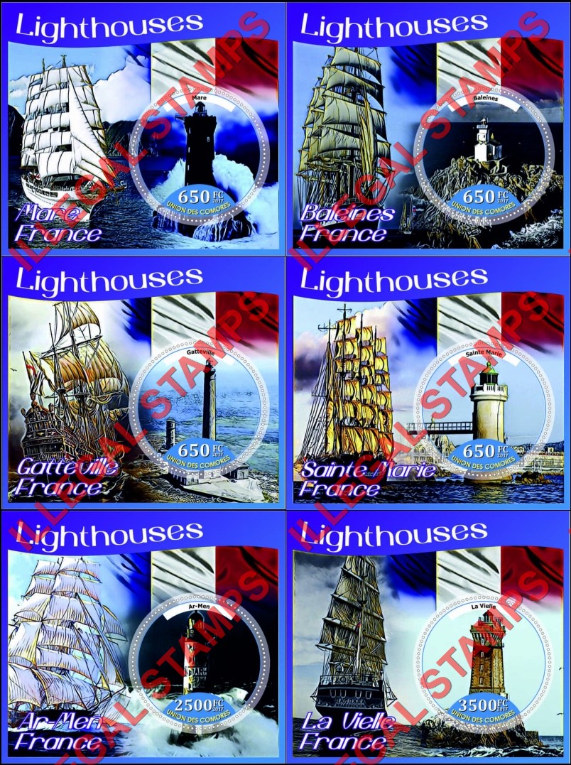 Comoro Islands 2017 Lighthouses and Sailing Ships Counterfeit Illegal Stamp Souvenir Sheets of 1