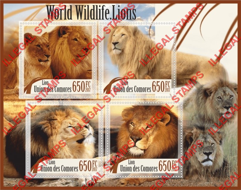Comoro Islands 2017 Lions World Wildlife Counterfeit Illegal Stamp Souvenir Sheet of 4