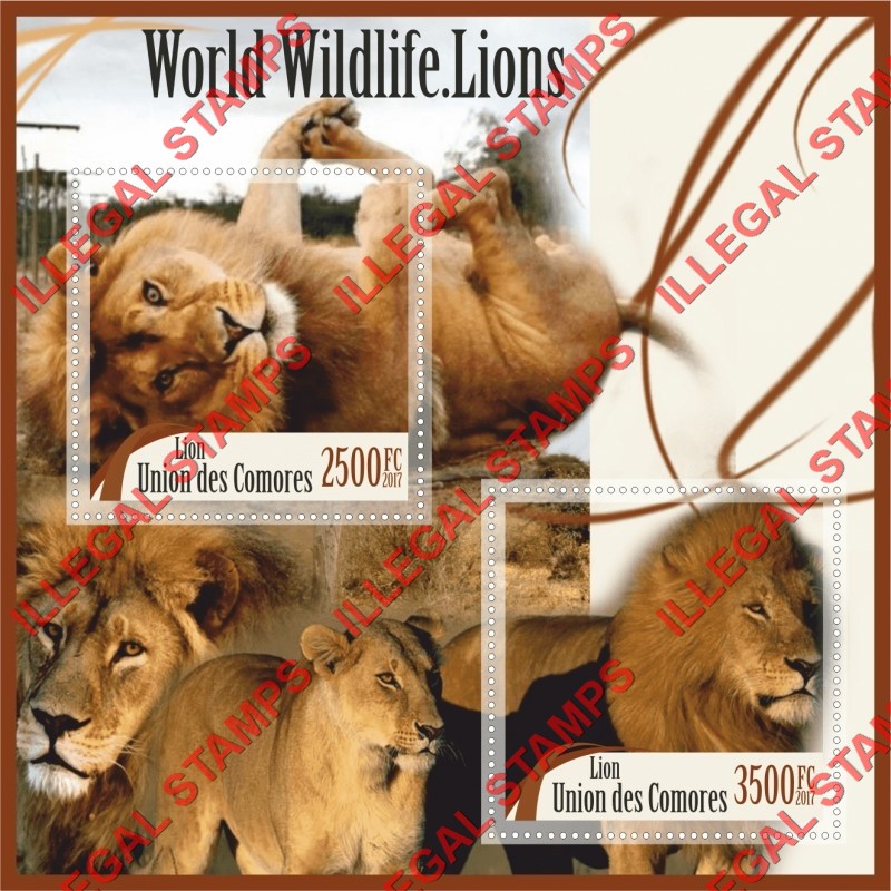Comoro Islands 2017 Lions World Wildlife Counterfeit Illegal Stamp Souvenir Sheet of 2