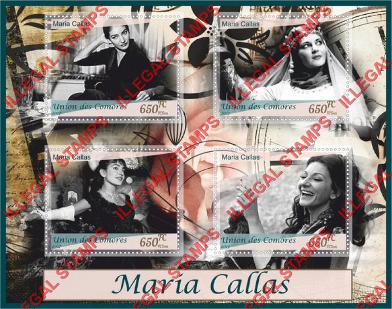 Comoro Islands 2017 Maria Callas Soprano Singer Counterfeit Illegal Stamp Souvenir Sheet of 4