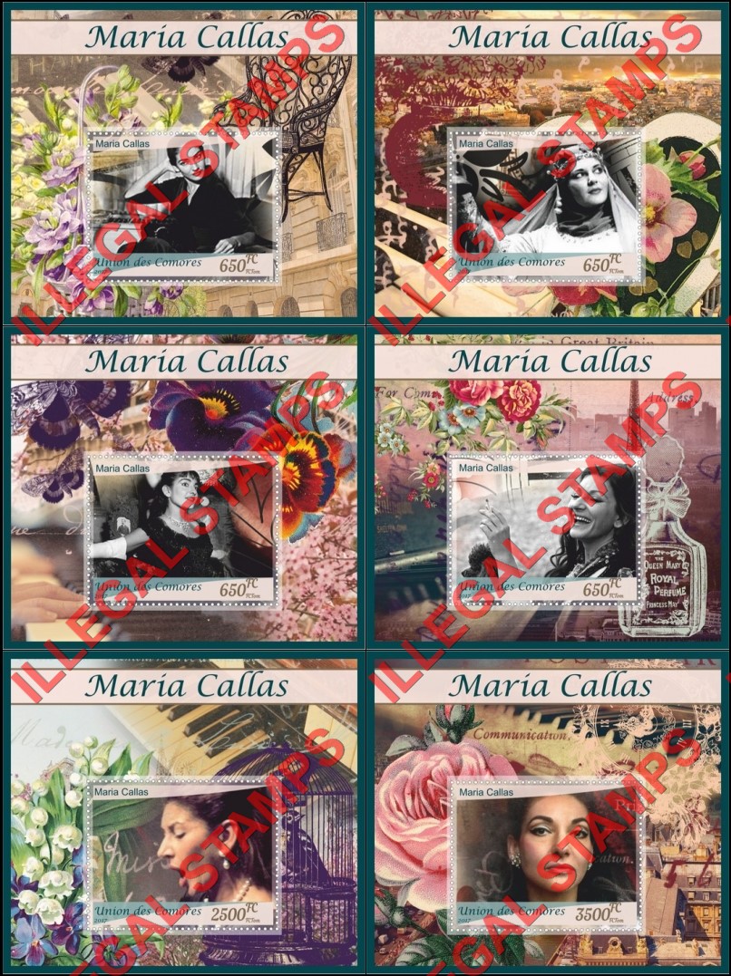 Comoro Islands 2017 Maria Callas Soprano Singer Counterfeit Illegal Stamp Souvenir Sheets of 1