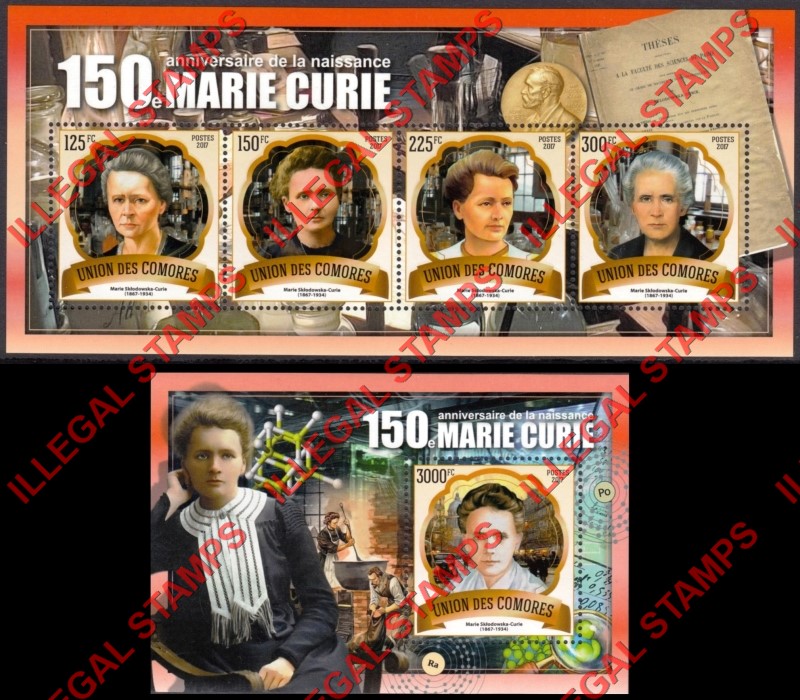 Comoro Islands 2017 Marie Curie Counterfeit Illegal Stamp Souvenir Sheets of 4 and 1
