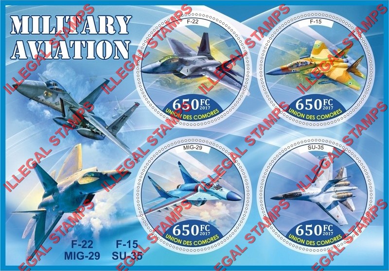 Comoro Islands 2017 Military Aviation Counterfeit Illegal Stamp Souvenir Sheet of 4