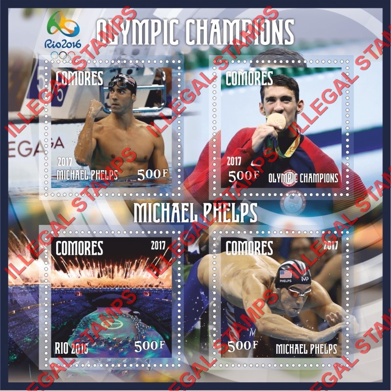 Comoro Islands 2017 Olympic Champions in Rio in 2016 Michael Phelps Counterfeit Illegal Stamp Souvenir Sheet of 4