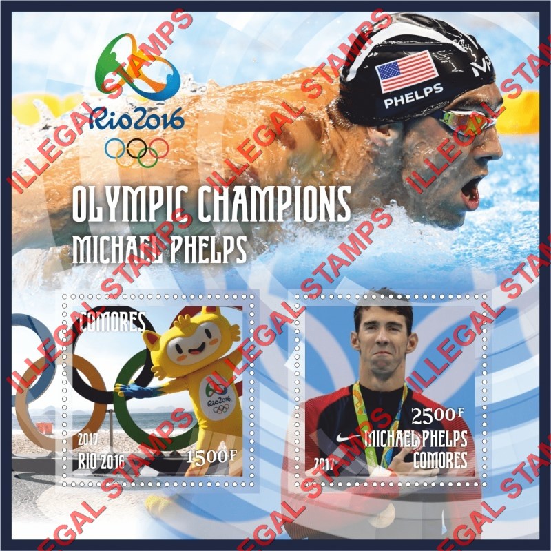 Comoro Islands 2017 Olympic Champions in Rio in 2016 Michael Phelps Counterfeit Illegal Stamp Souvenir Sheet of 2