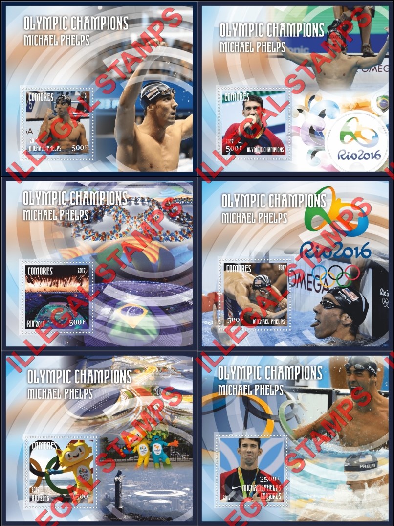 Comoro Islands 2017 Olympic Champions in Rio in 2016 Michael Phelps Counterfeit Illegal Stamp Souvenir Sheets of 1