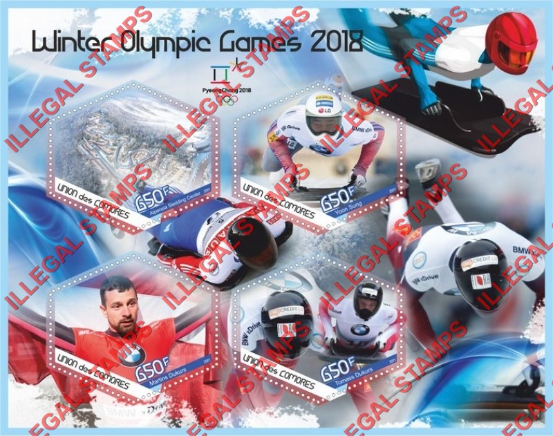 Comoro Islands 2017 Olympic Games in PyeongChang in 2018 (different a) Counterfeit Illegal Stamp Souvenir Sheet of 4