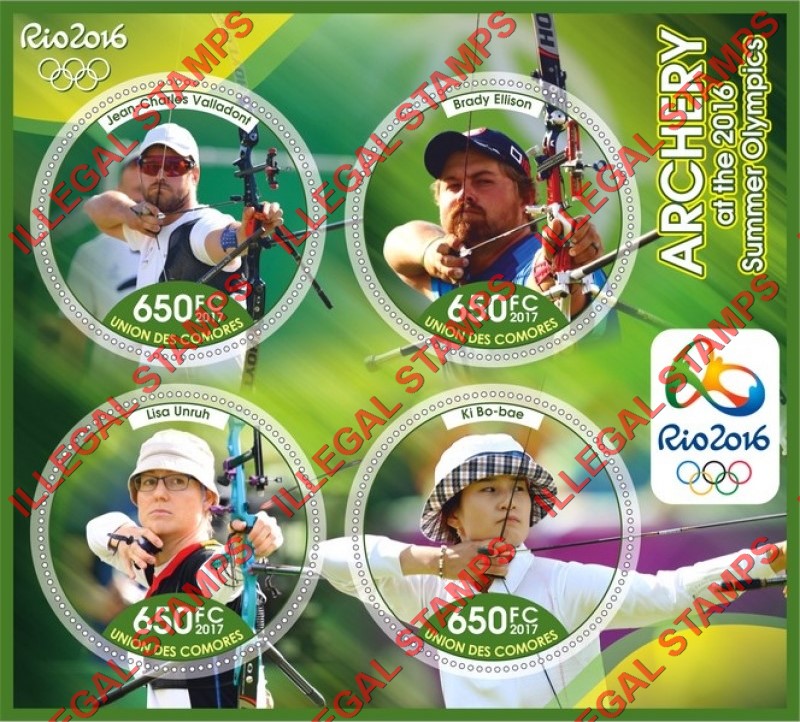Comoro Islands 2017 Olympic Games in Rio in 2016 Archery Counterfeit Illegal Stamp Souvenir Sheet of 4