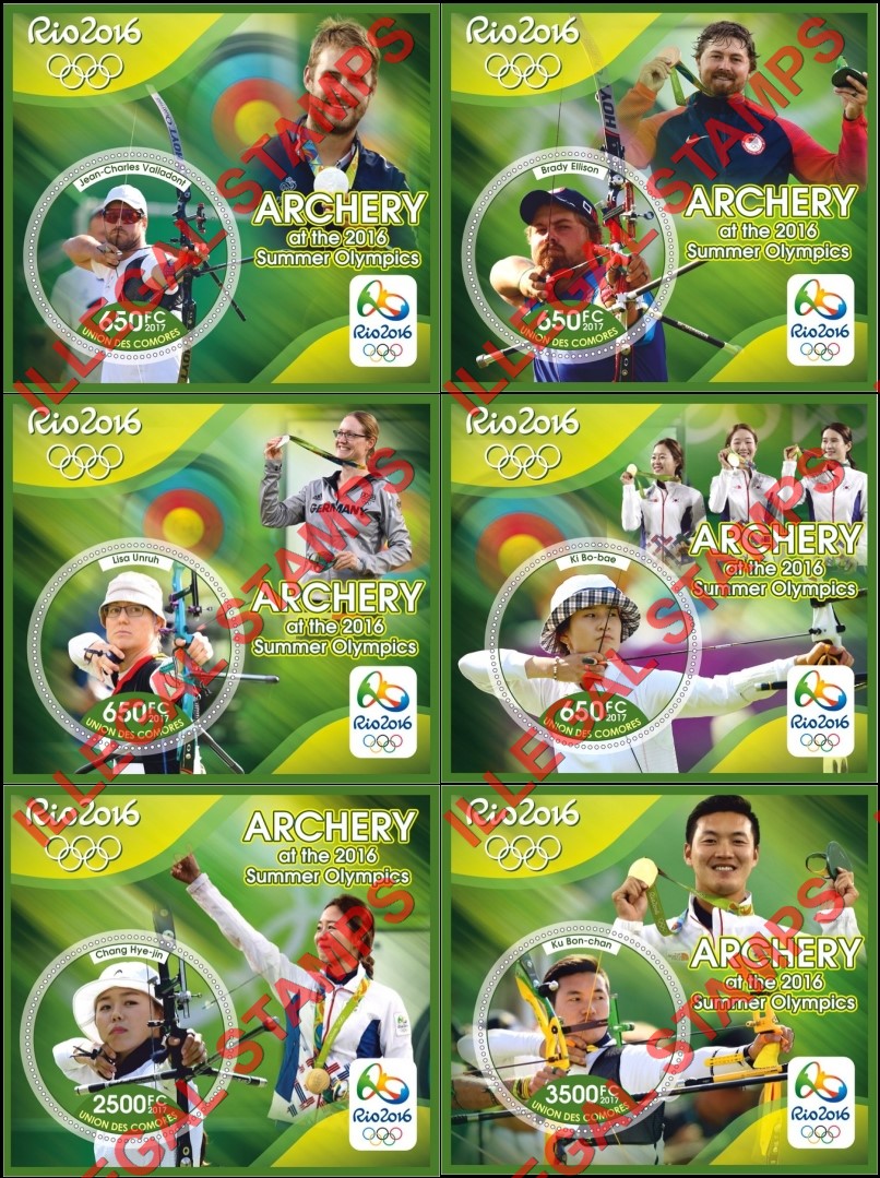 Comoro Islands 2017 Olympic Games in Rio in 2016 Archery Counterfeit Illegal Stamp Souvenir Sheets of 1