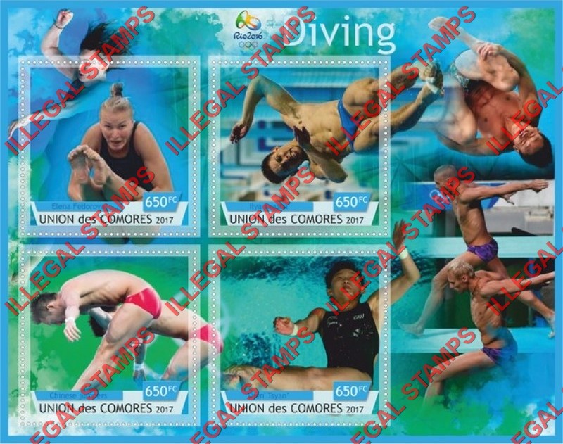 Comoro Islands 2017 Olympic Games in Rio in 2016 Diving Counterfeit Illegal Stamp Souvenir Sheet of 4