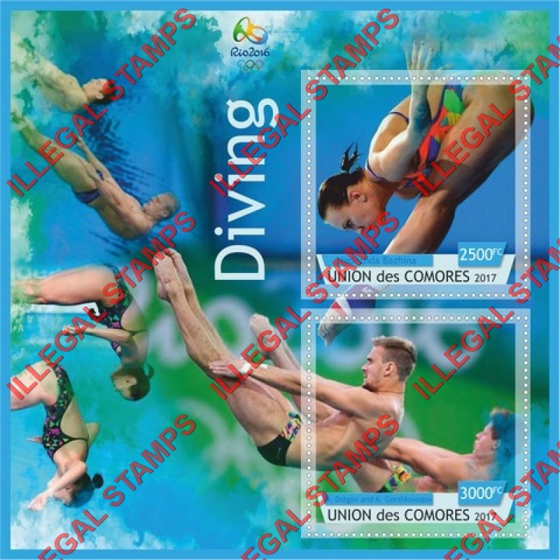 Comoro Islands 2017 Olympic Games in Rio in 2016 Diving Counterfeit Illegal Stamp Souvenir Sheet of 2