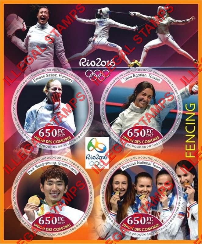Comoro Islands 2017 Olympic Games in Rio in 2016 Fencing Counterfeit Illegal Stamp Souvenir Sheet of 4