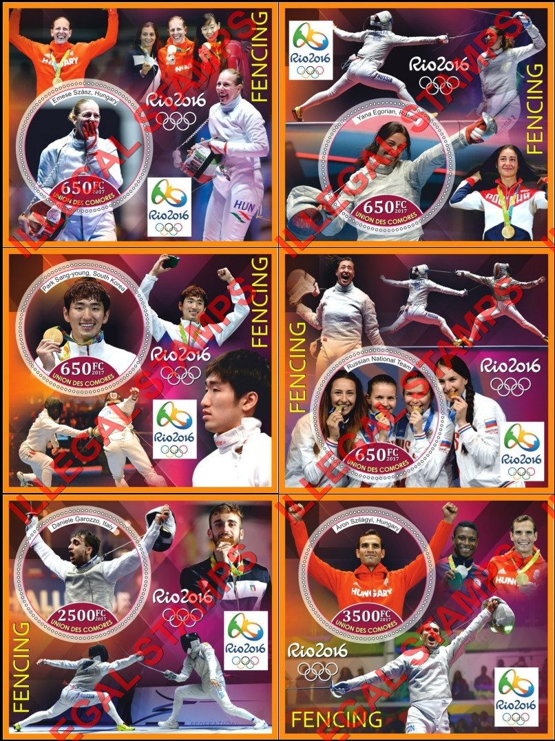 Comoro Islands 2017 Olympic Games in Rio in 2016 Fencing Counterfeit Illegal Stamp Souvenir Sheets of 1