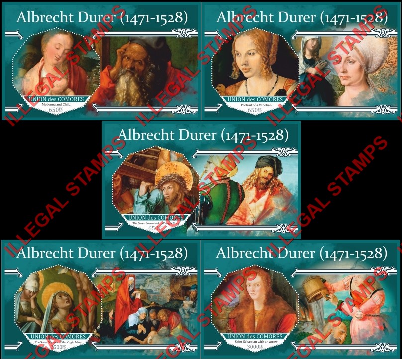 Comoro Islands 2017 Paintings by Albrecht Durer (different) Counterfeit Illegal Stamp Souvenir Sheets of 1