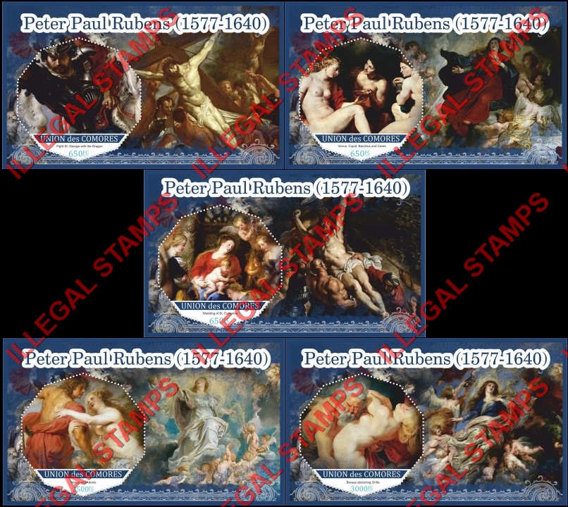 Comoro Islands 2017 Paintings by Peter Paul Rubens (different) Counterfeit Illegal Stamp Souvenir Sheets of 1