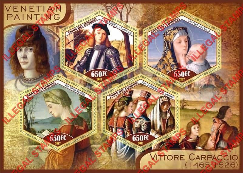 Comoro Islands 2017 Painting by Vittore Carpaccio Counterfeit Illegal Stamp Souvenir Sheet of 4