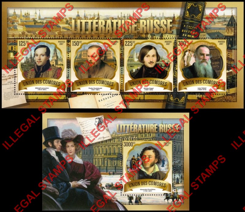 Comoro Islands 2017 Russian Literature Counterfeit Illegal Stamp Souvenir Sheets of 4 and 1