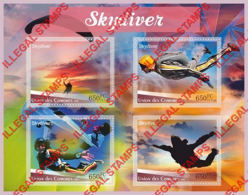 Comoro Islands 2017 Skydivers Counterfeit Illegal Stamp Souvenir Sheet of 4