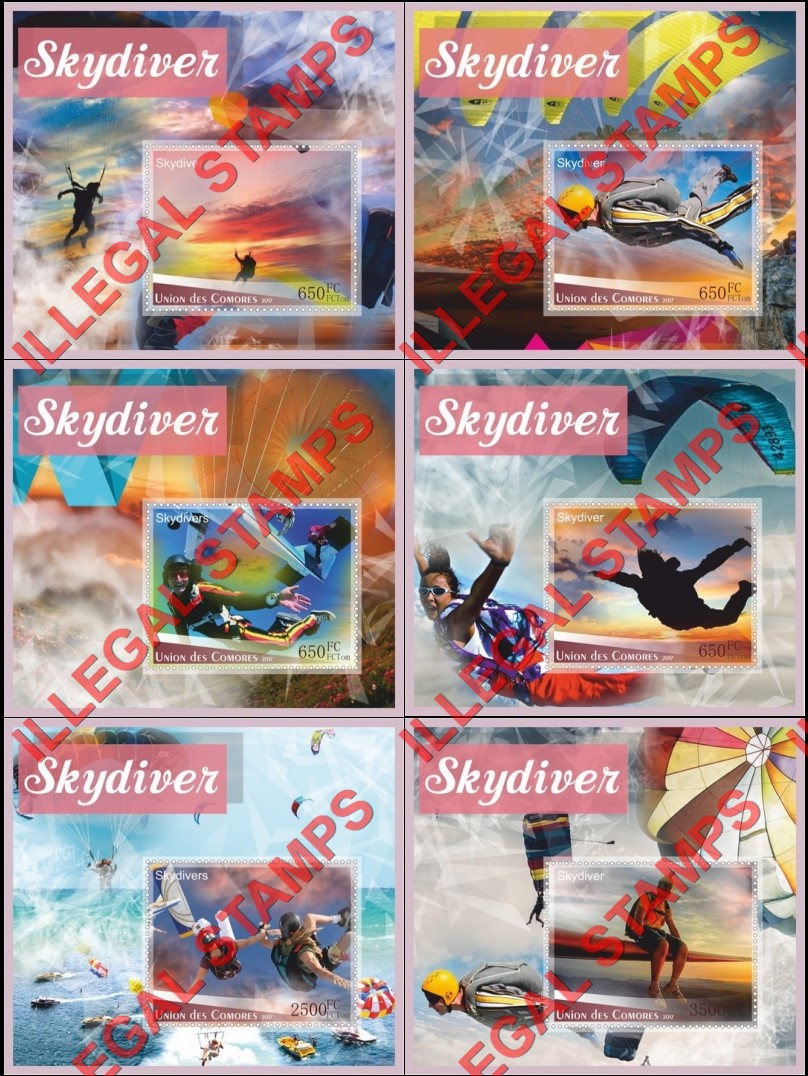 Comoro Islands 2017 Skydivers Counterfeit Illegal Stamp Souvenir Sheets of 1