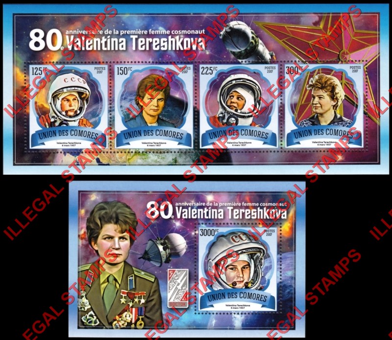 Comoro Islands 2017 Valentina Tereshkova Counterfeit Illegal Stamp Souvenir Sheets of 4 and 1