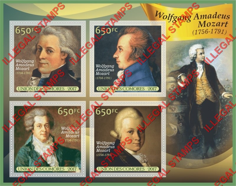 Comoro Islands 2017 Wolfgang Amadeus Mozart Composer Counterfeit Illegal Stamp Souvenir Sheet of 4