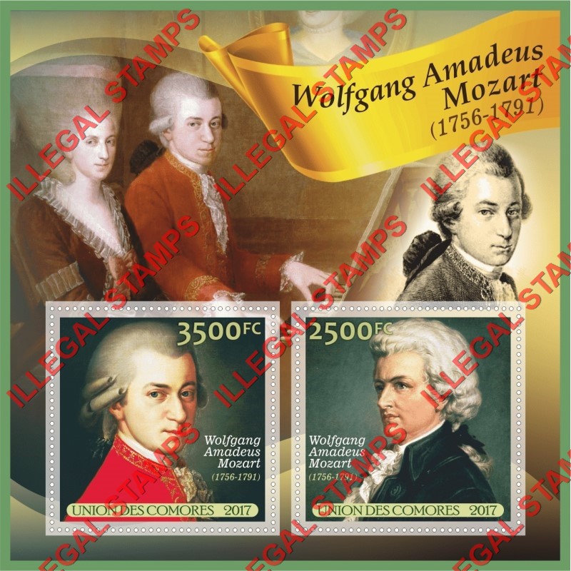 Comoro Islands 2017 Wolfgang Amadeus Mozart Composer Counterfeit Illegal Stamp Souvenir Sheet of 2