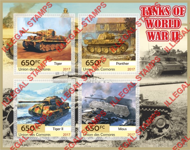 Comoro Islands 2017 World War II Tanks Counterfeit Illegal Stamp Souvenir Sheet of 4