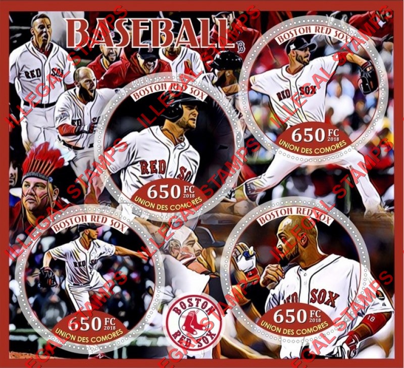 Comoro Islands 2018 Baseball Boston Red Sox Counterfeit Illegal Stamp Souvenir Sheet of 4