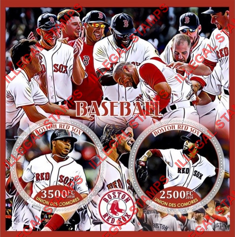 Comoro Islands 2018 Baseball Boston Red Sox Counterfeit Illegal Stamp Souvenir Sheet of 2