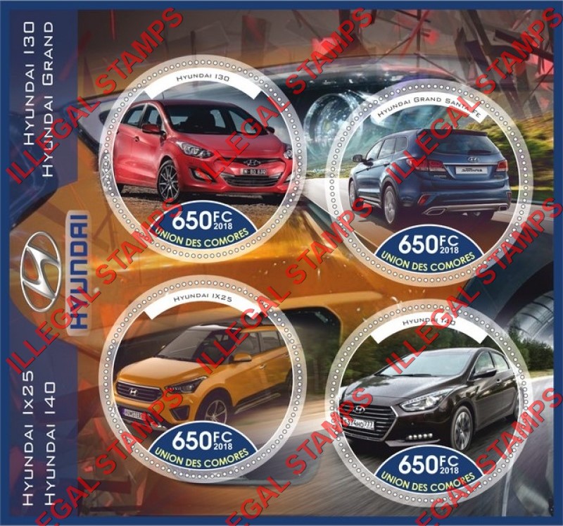 Comoro Islands 2018 Cars Hyundai Counterfeit Illegal Stamp Souvenir Sheet of 4