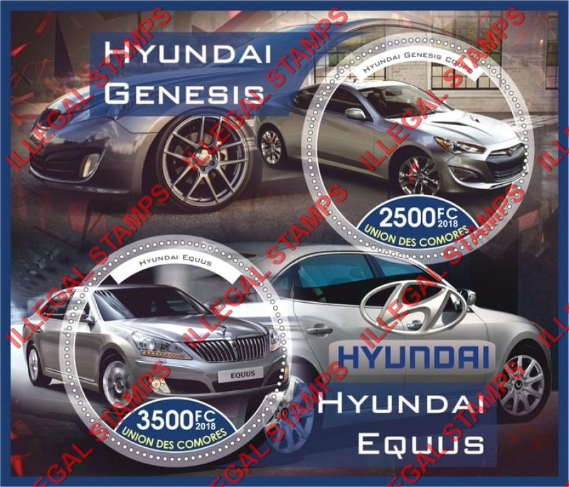 Comoro Islands 2018 Cars Hyundai Counterfeit Illegal Stamp Souvenir Sheet of 2