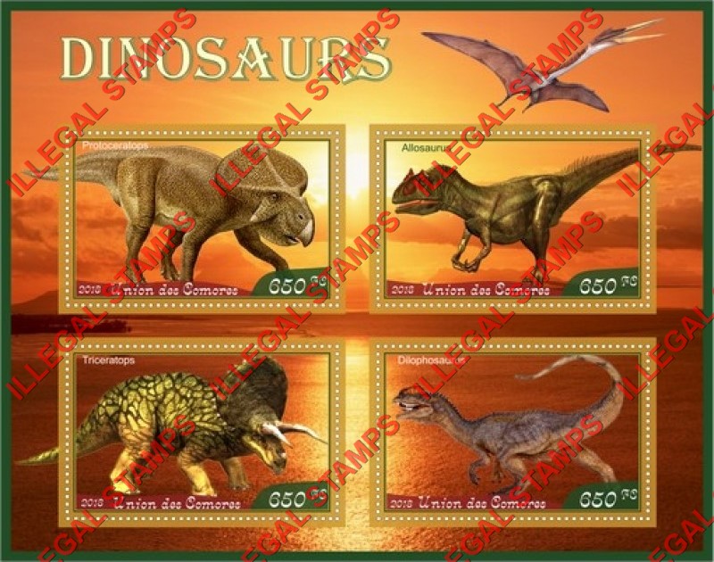 Comoro Islands 2018 Dinosaurs Counterfeit Illegal Stamp Souvenir Sheet of 4