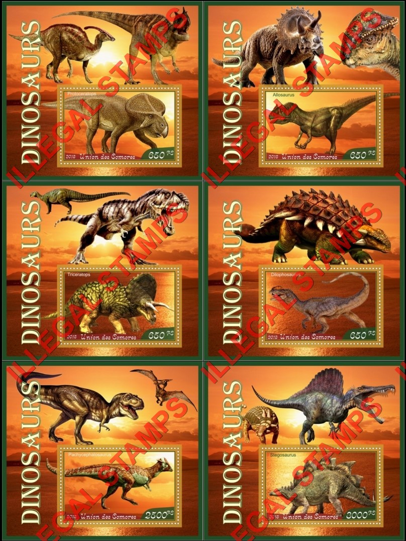 Comoro Islands 2018 Dinosaurs Counterfeit Illegal Stamp Souvenir Sheets of 1