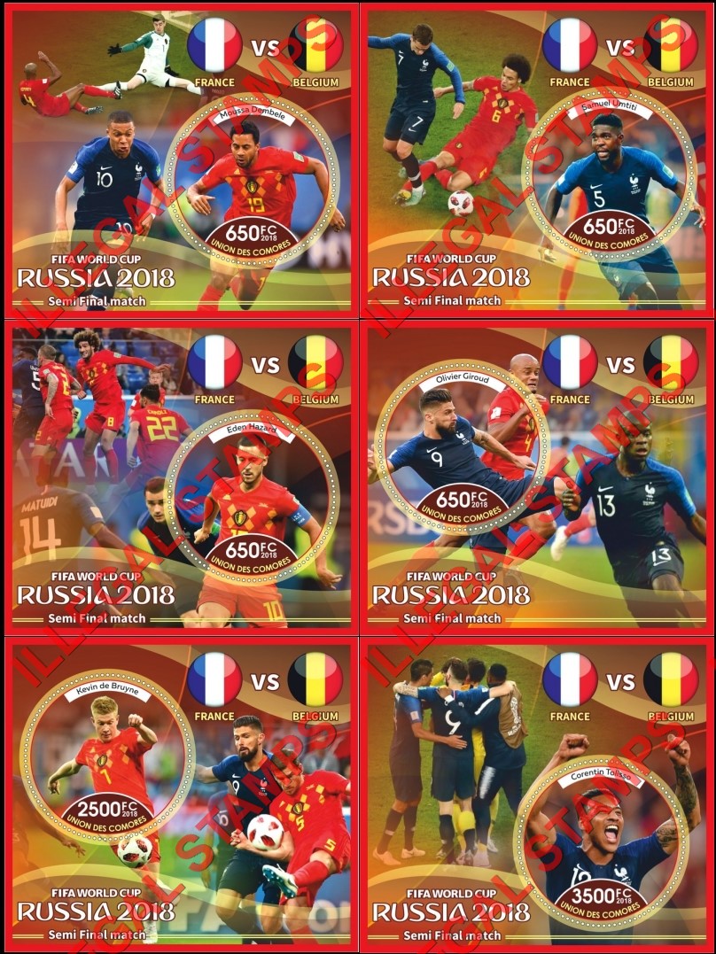 Comoro Islands 2018 FIFA World Cup Soccer in Russia Semi Final Match Counterfeit Illegal Stamp Souvenir Sheets of 1