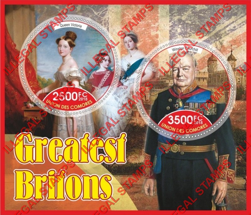 Comoro Islands 2018 Greatest Britons Counterfeit Illegal Stamp Souvenir Sheet of 2