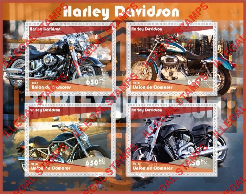 Comoro Islands 2018 Harley Davidson Motorcycles Counterfeit Illegal Stamp Souvenir Sheet of 4