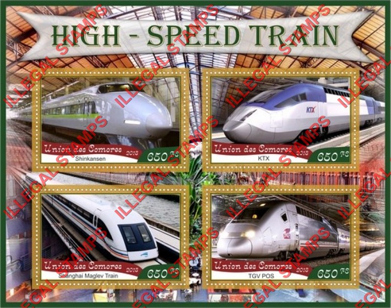 Comoro Islands 2018 High Speed Trains Counterfeit Illegal Stamp Souvenir Sheet of 4