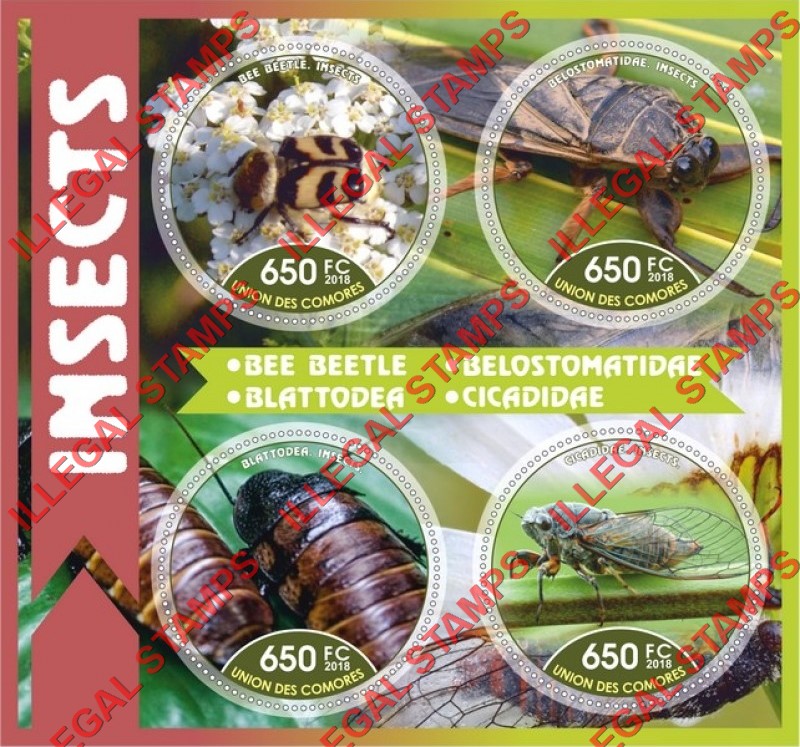 Comoro Islands 2018 Insects Counterfeit Illegal Stamp Souvenir Sheet of 4