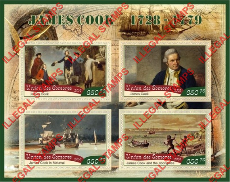 Comoro Islands 2018 James Cook (different) Counterfeit Illegal Stamp Souvenir Sheet of 4